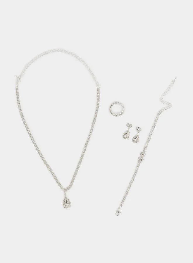 Silver Diamante Necklace with Ring and Earrings with Bracelet Set